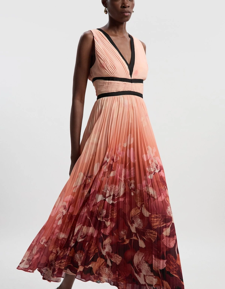 Pleated Floral Cape Sleeve Low Back Maxi Dress