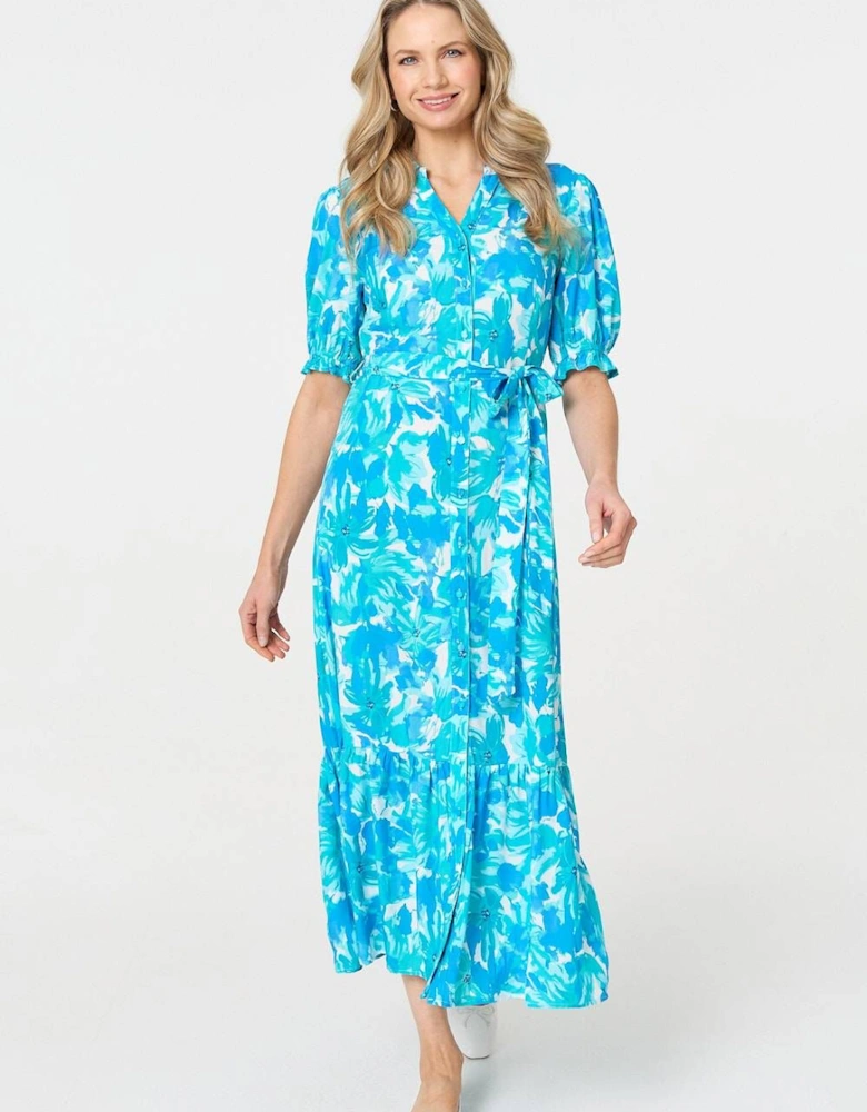 Printed 1/2 Puff Sleeve Tie Waist Maxi Dress