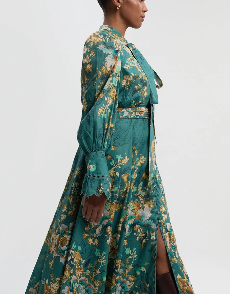 Plus Size Voile Floral Border Print Woven Maxi Dress With Ladder Lace Trim