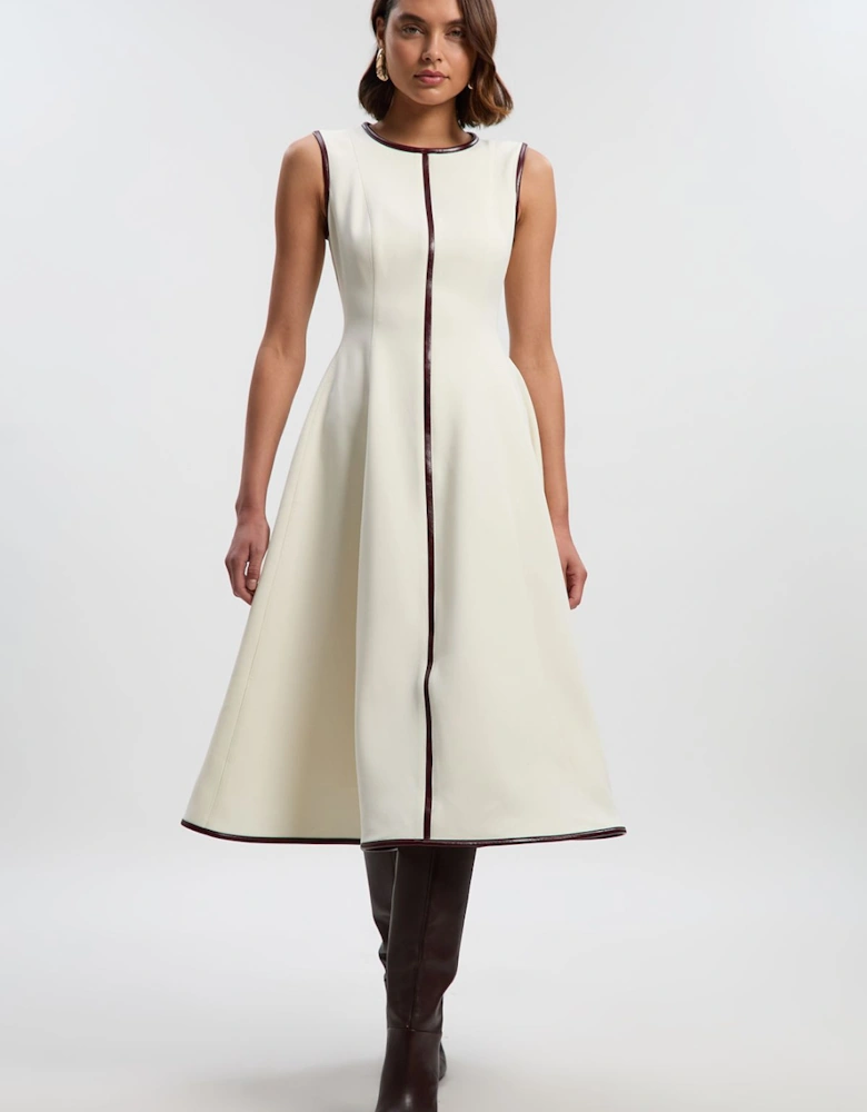 Compact Stretch Pu Mix Sleeveless Full Skirted Tailored Midi Dress