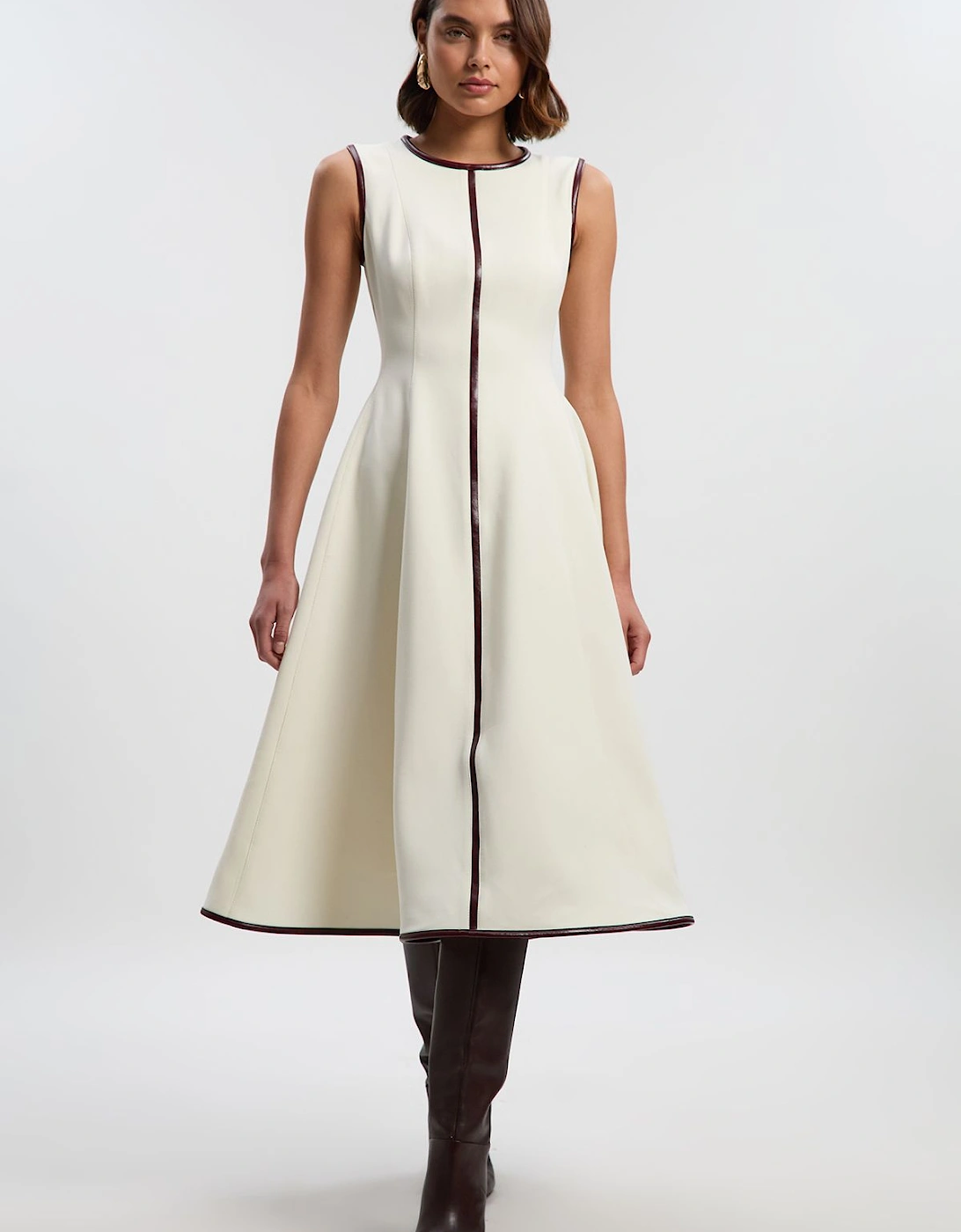 Compact Stretch Pu Mix Sleeveless Full Skirted Tailored Midi Dress, 2 of 1