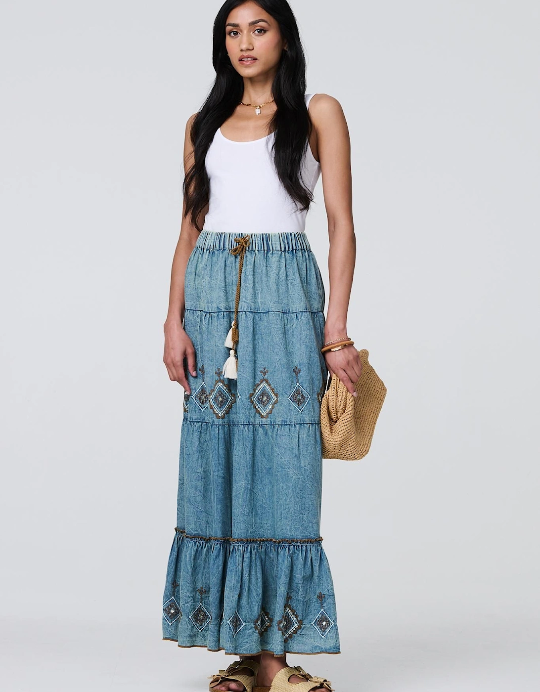 Embroidered Tiered Tassel Waist Maxi Skirt, 2 of 1