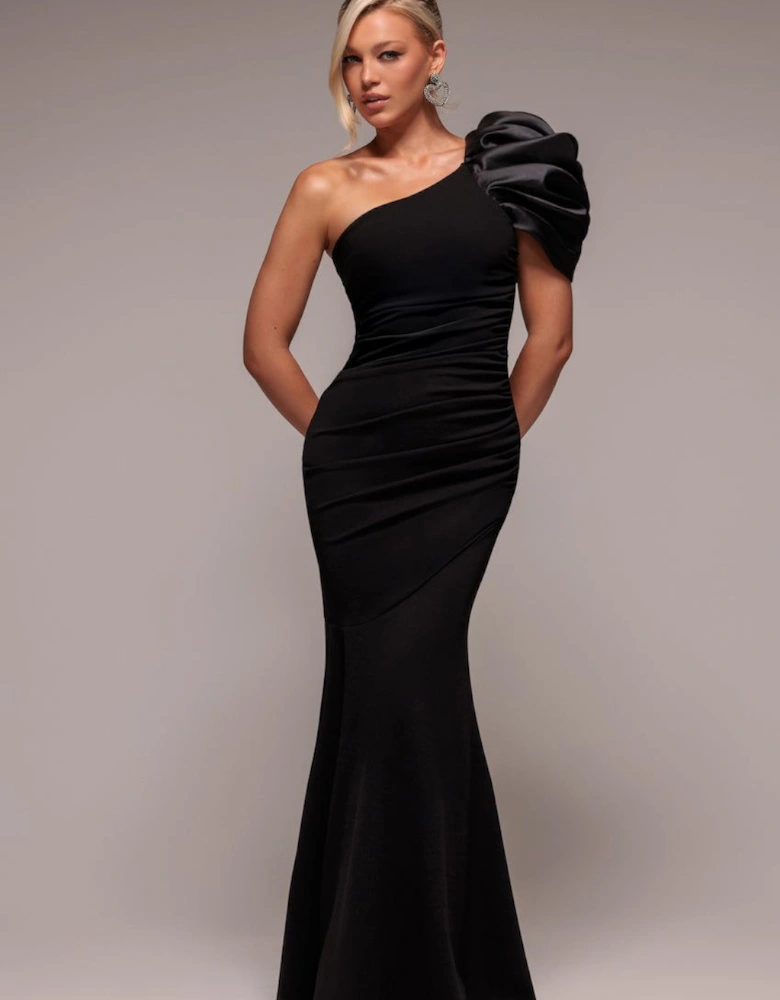One Shoulder Puffed Satin Sleeve Evening Maxi Dress