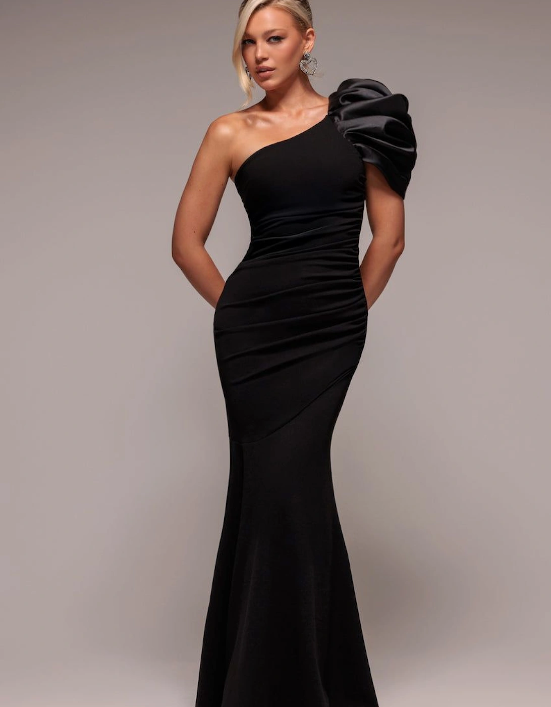 One Shoulder Puffed Satin Sleeve Evening Maxi Dress, 2 of 1