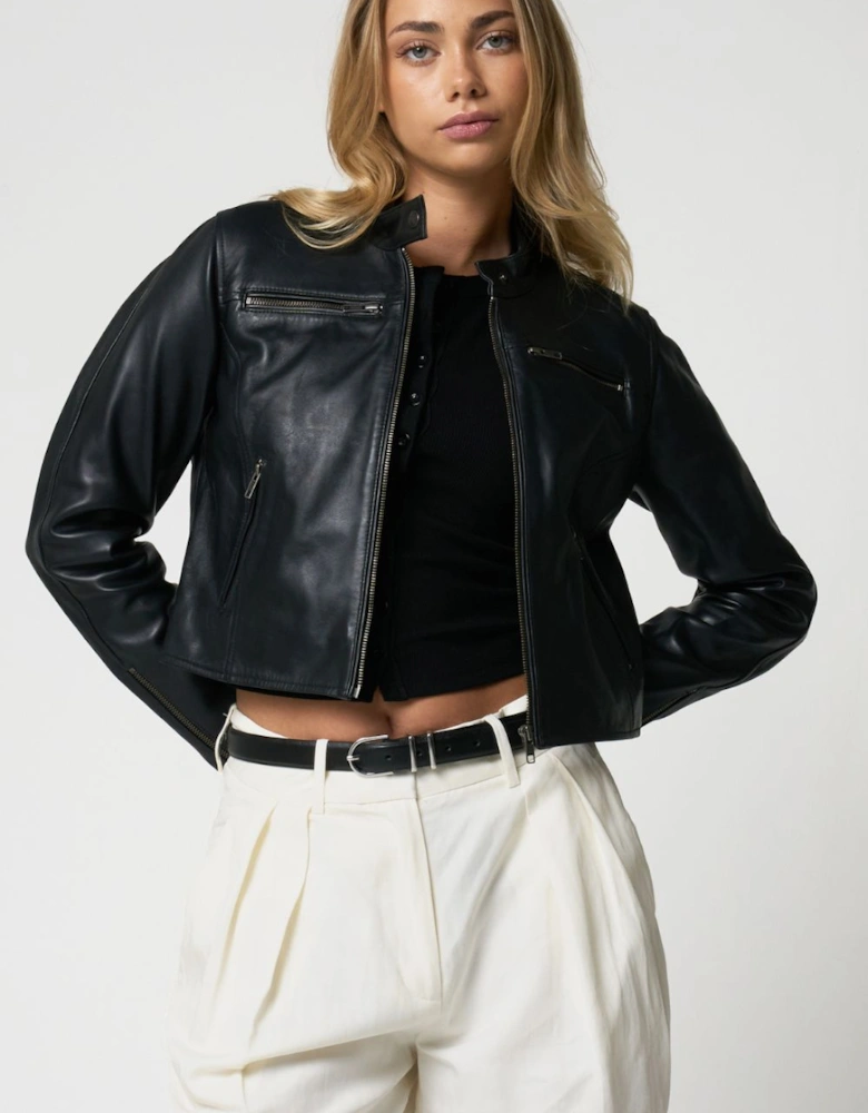 Cropped Real Leather Moto Jacket