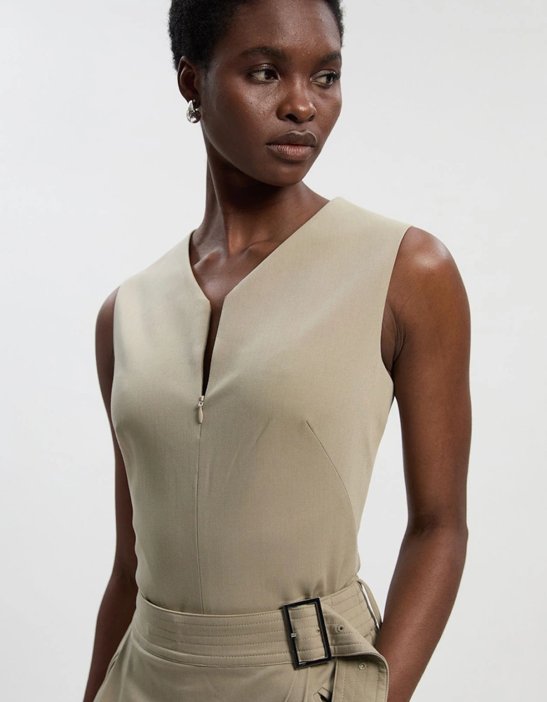 Polished Viscose Sleeveless Tailored Zip Front Top