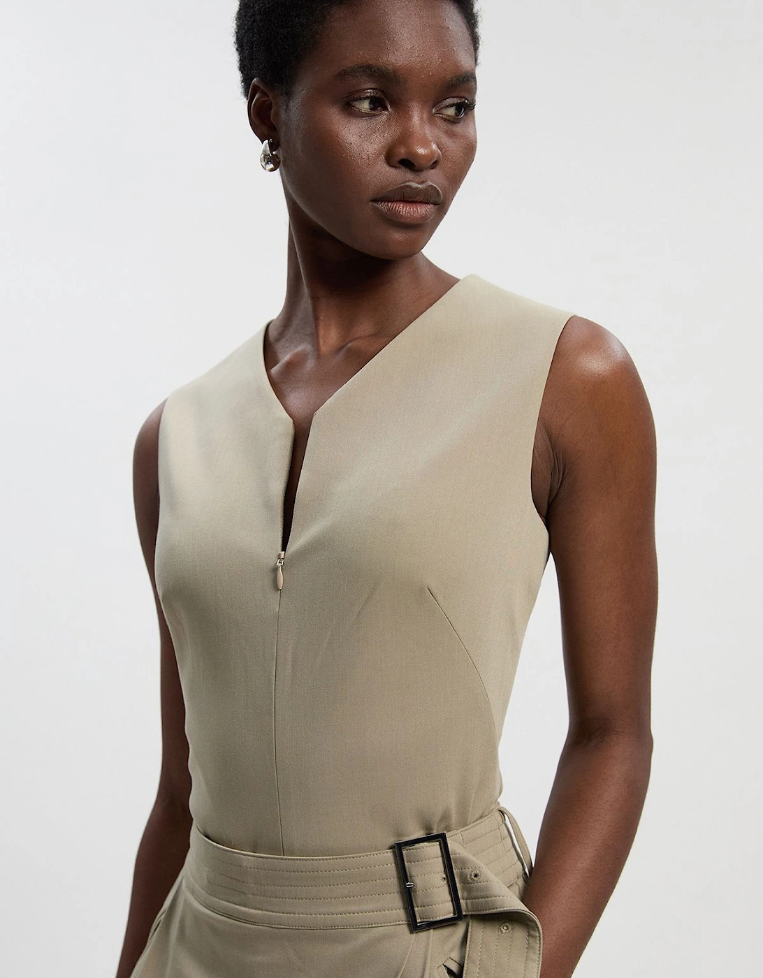 Polished Viscose Sleeveless Tailored Zip Front Top, 2 of 1