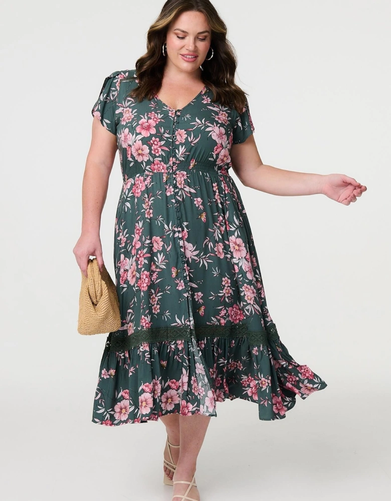 Floral Short Sleeve Lace Trim Maxi Dress