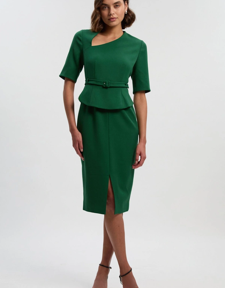 Structured Crepe Forever Asymmetric Neck Belted Pencil Midi Dress