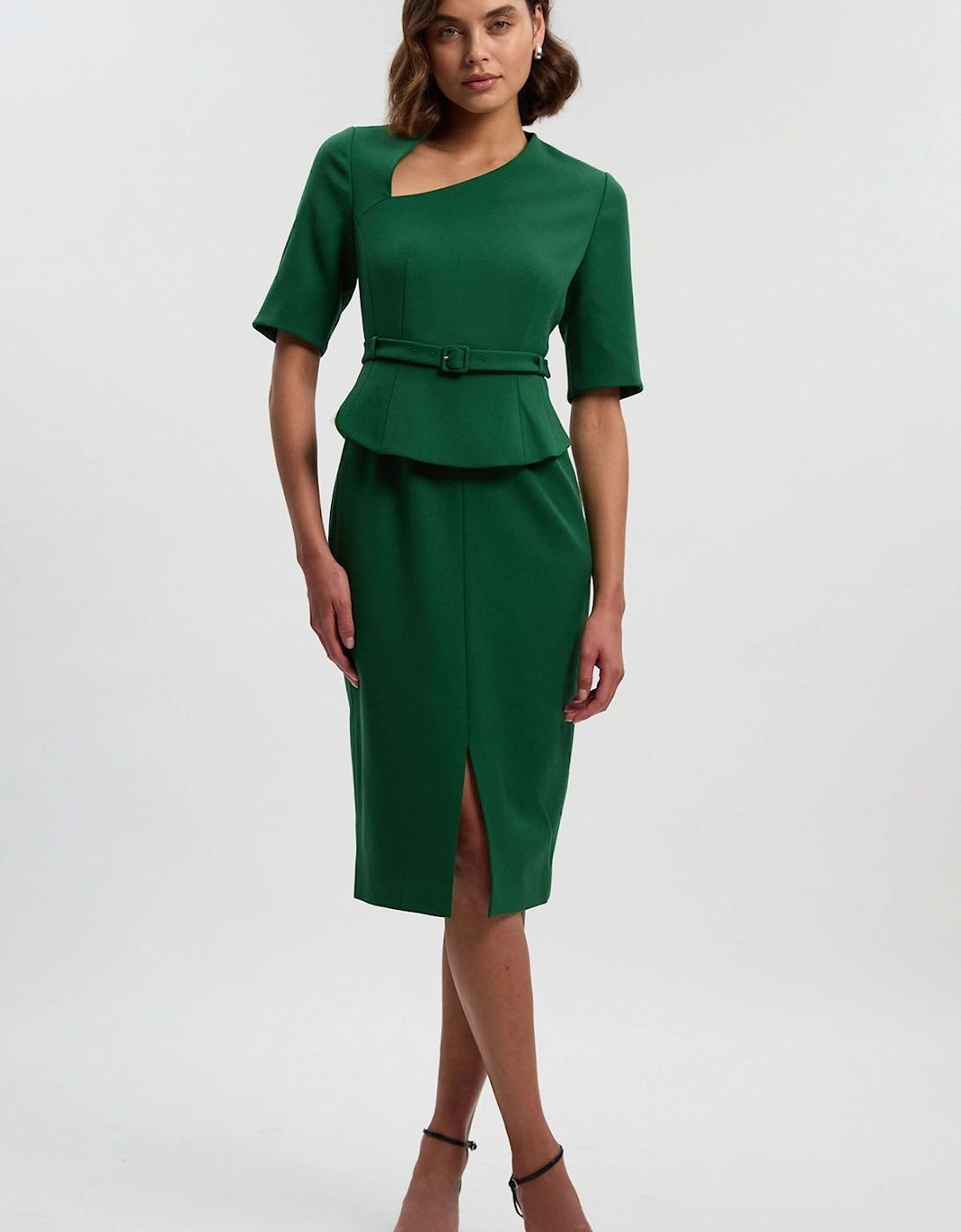 Structured Crepe Forever Asymmetric Neck Belted Pencil Midi Dress, 2 of 1