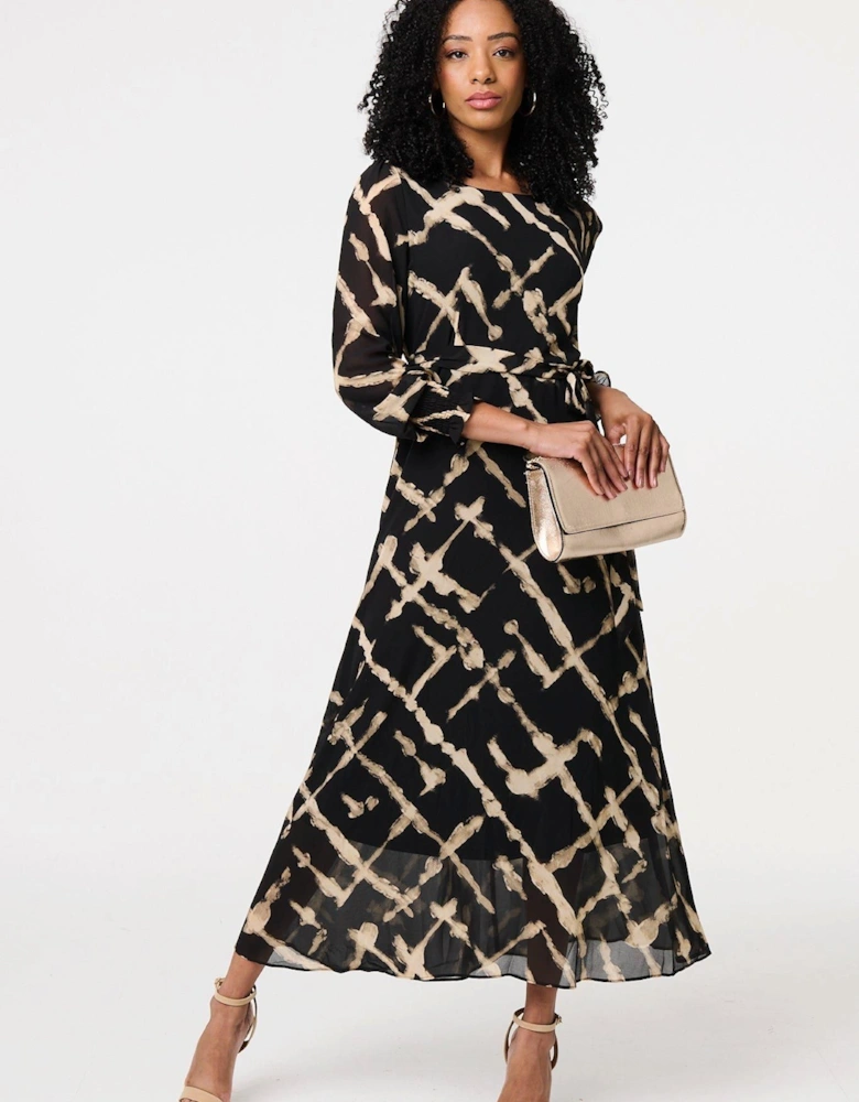 Printed Long Sleeve Tie Waist Maxi Dress