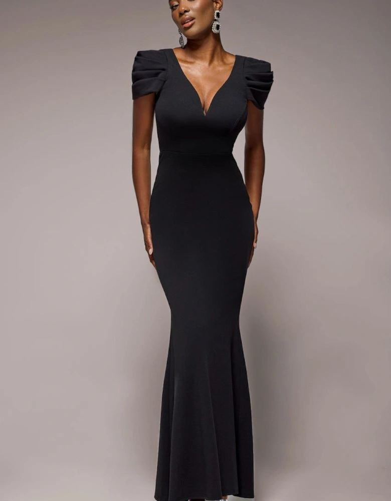 Plunging Neck Pleated Sleeves Scuba Maxi Dress