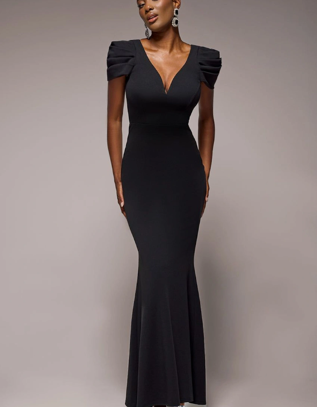 Plunging Neck Pleated Sleeves Scuba Maxi Dress, 2 of 1