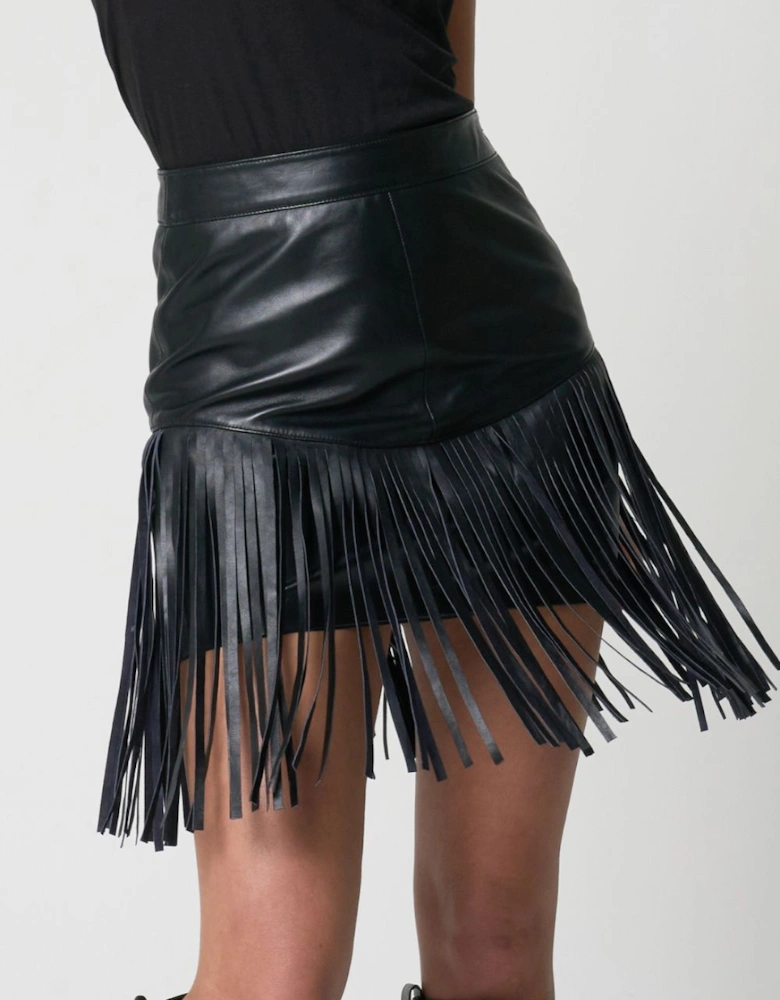 Barneys Originals Real Leather Fringe Mini Skirt