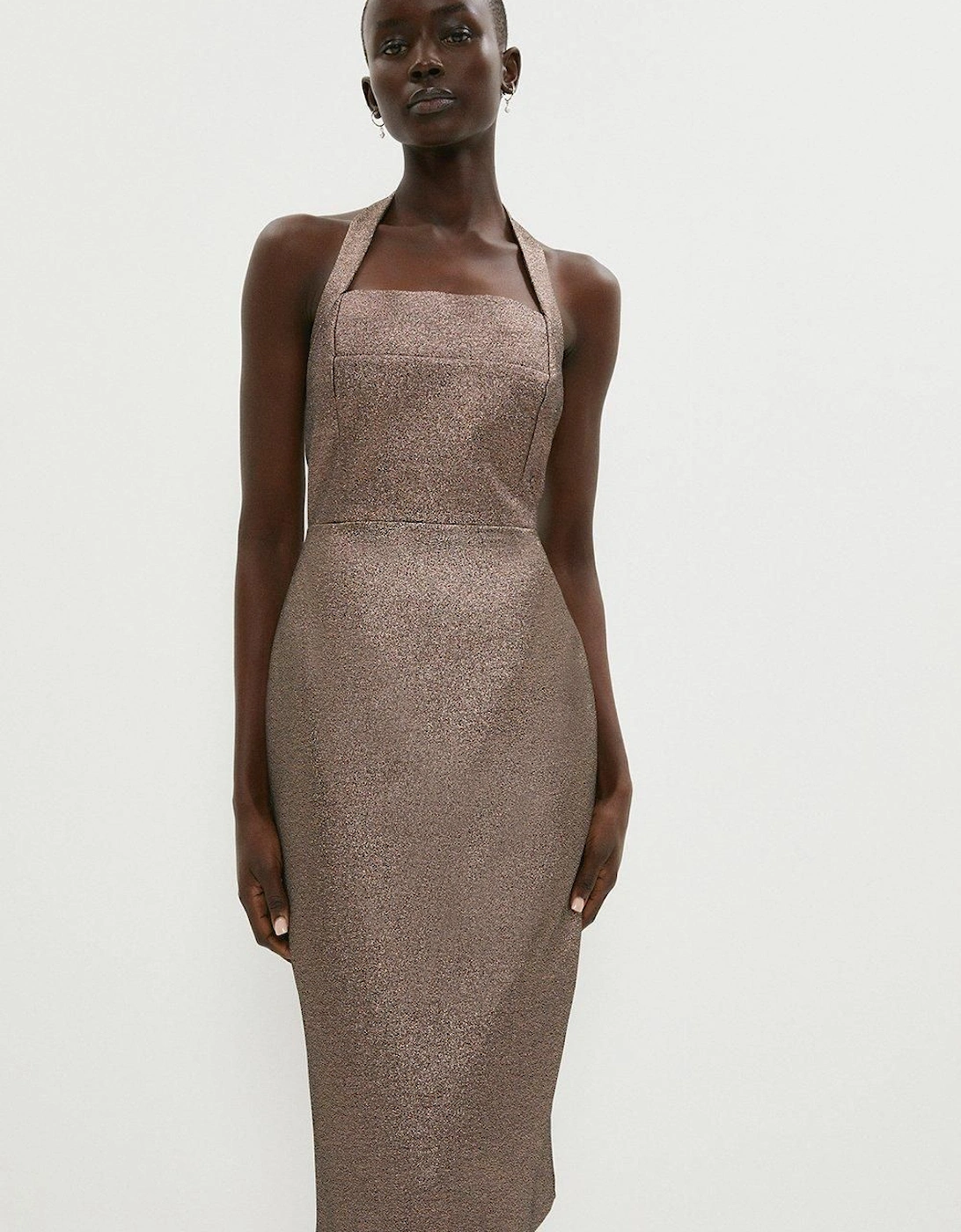 Sparkle Jacquard Halter Neck Pencil Dress, 2 of 1