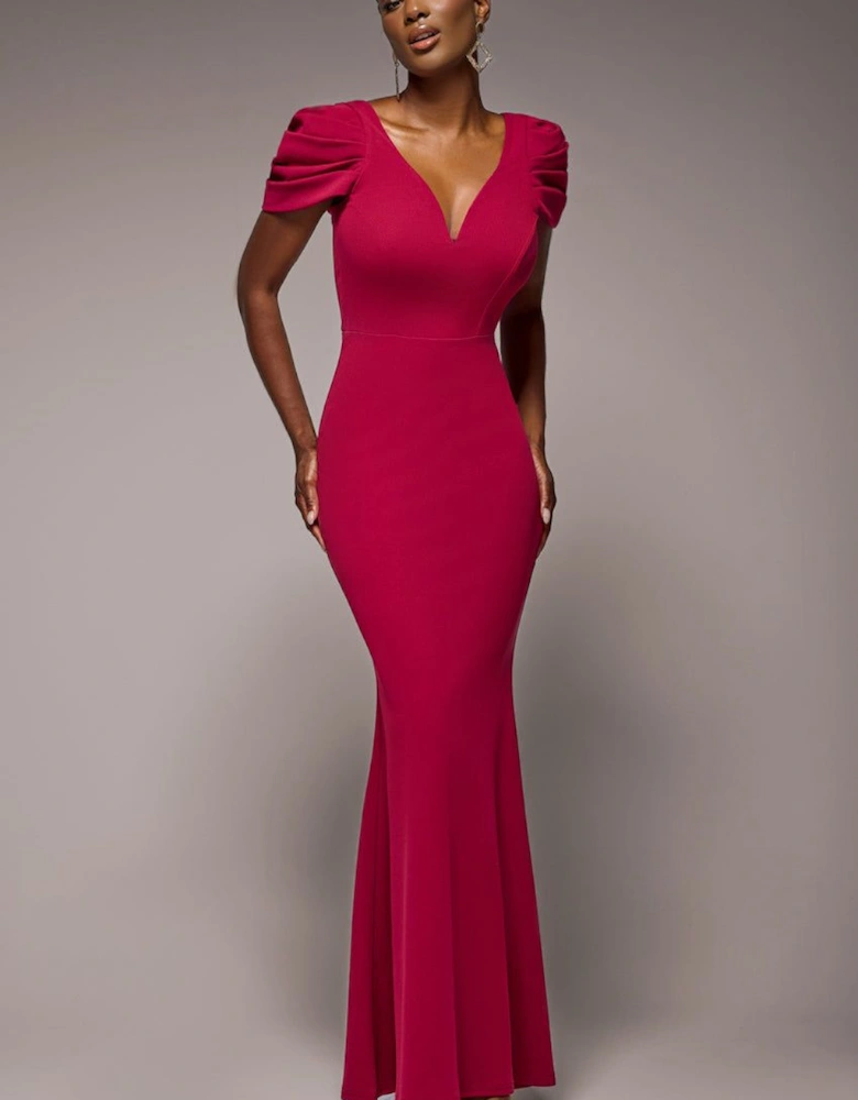 Plunging Neck Pleated Sleeves Scuba Maxi Dress
