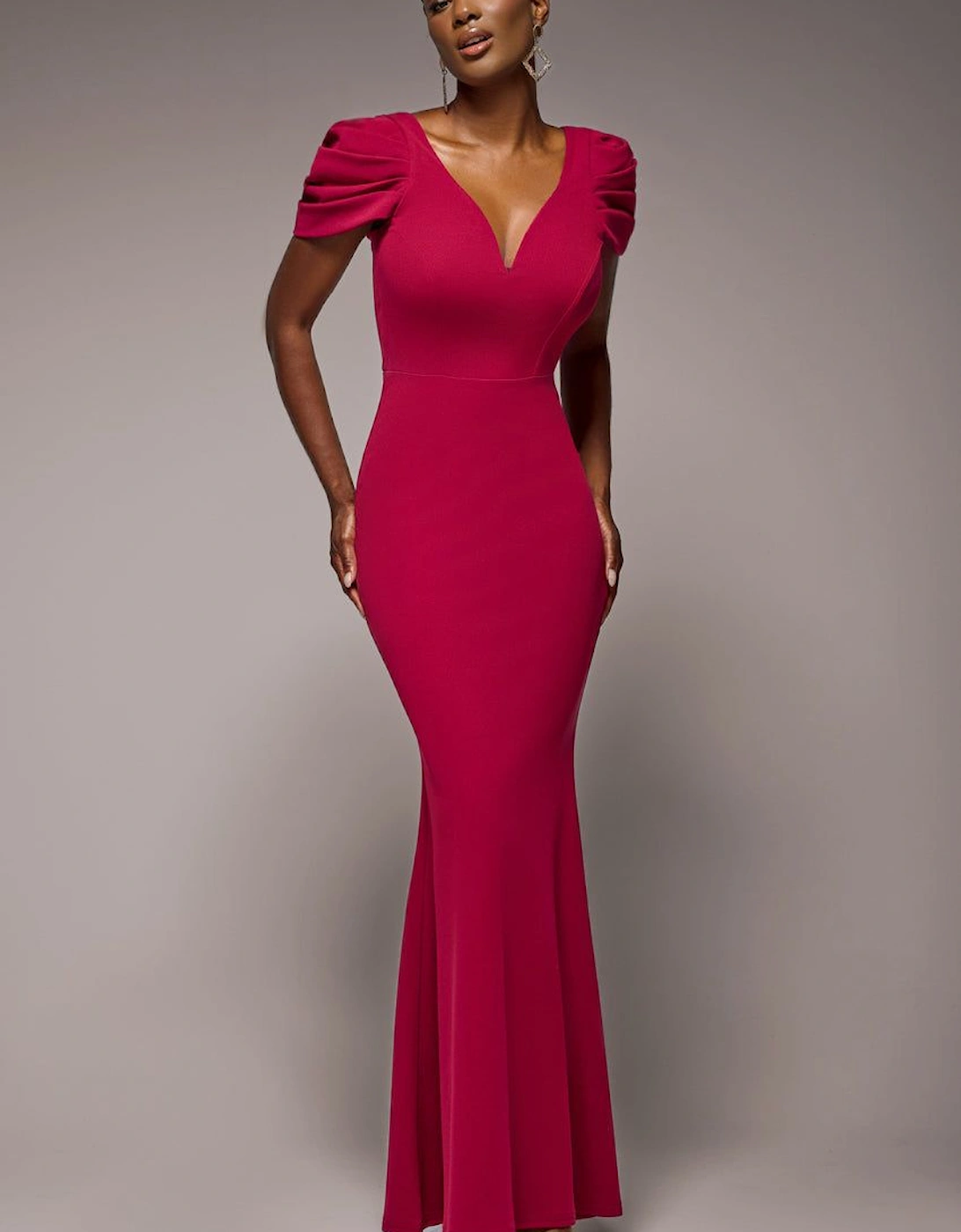 Plunging Neck Pleated Sleeves Scuba Maxi Dress, 2 of 1