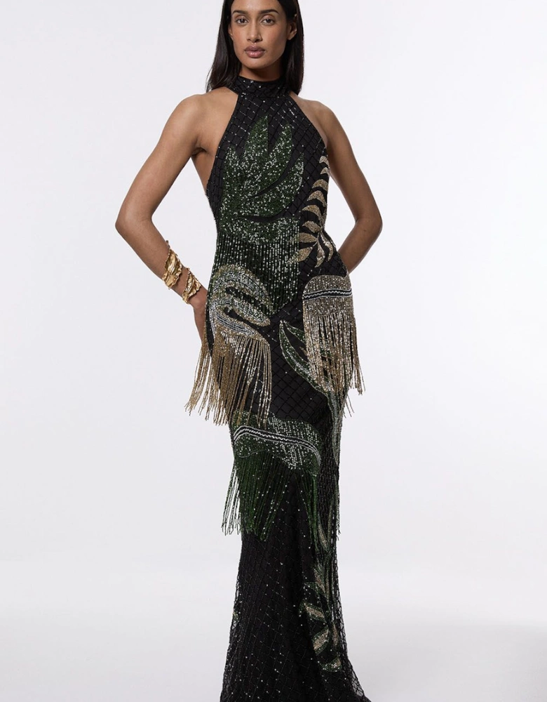 Tropical Beaded Strappy Back Woven Halter Maxi Dress