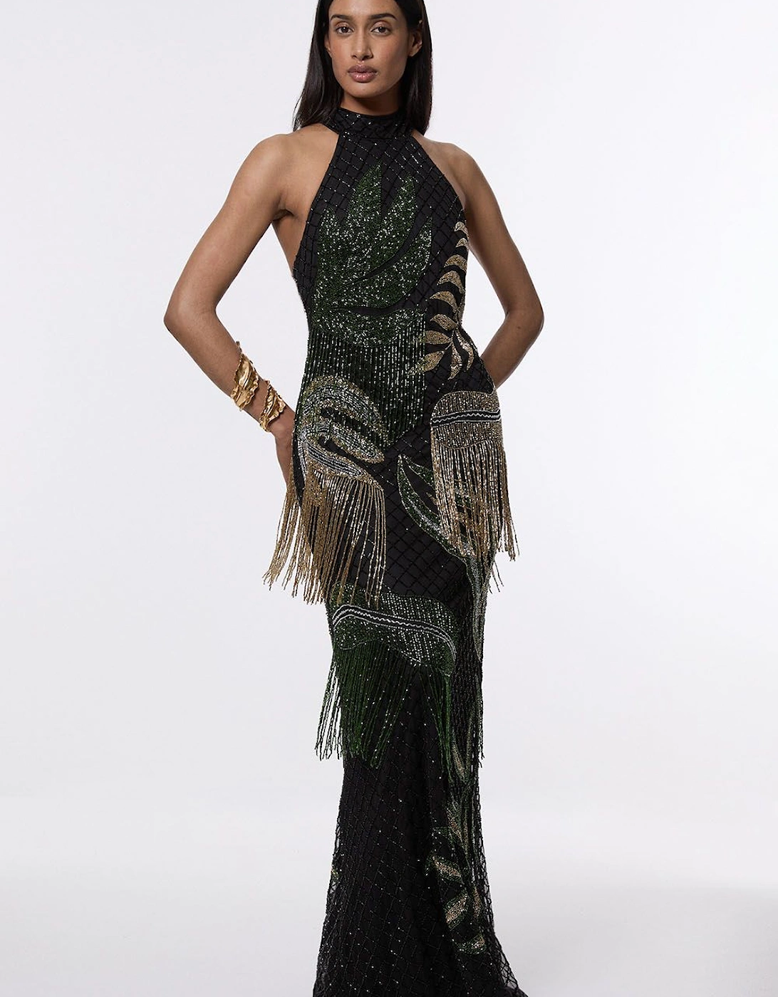 Tropical Beaded Strappy Back Woven Halter Maxi Dress, 2 of 1