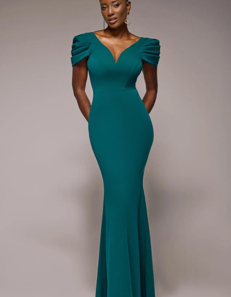 Plunging Neck Pleated Sleeves Scuba Maxi Dress