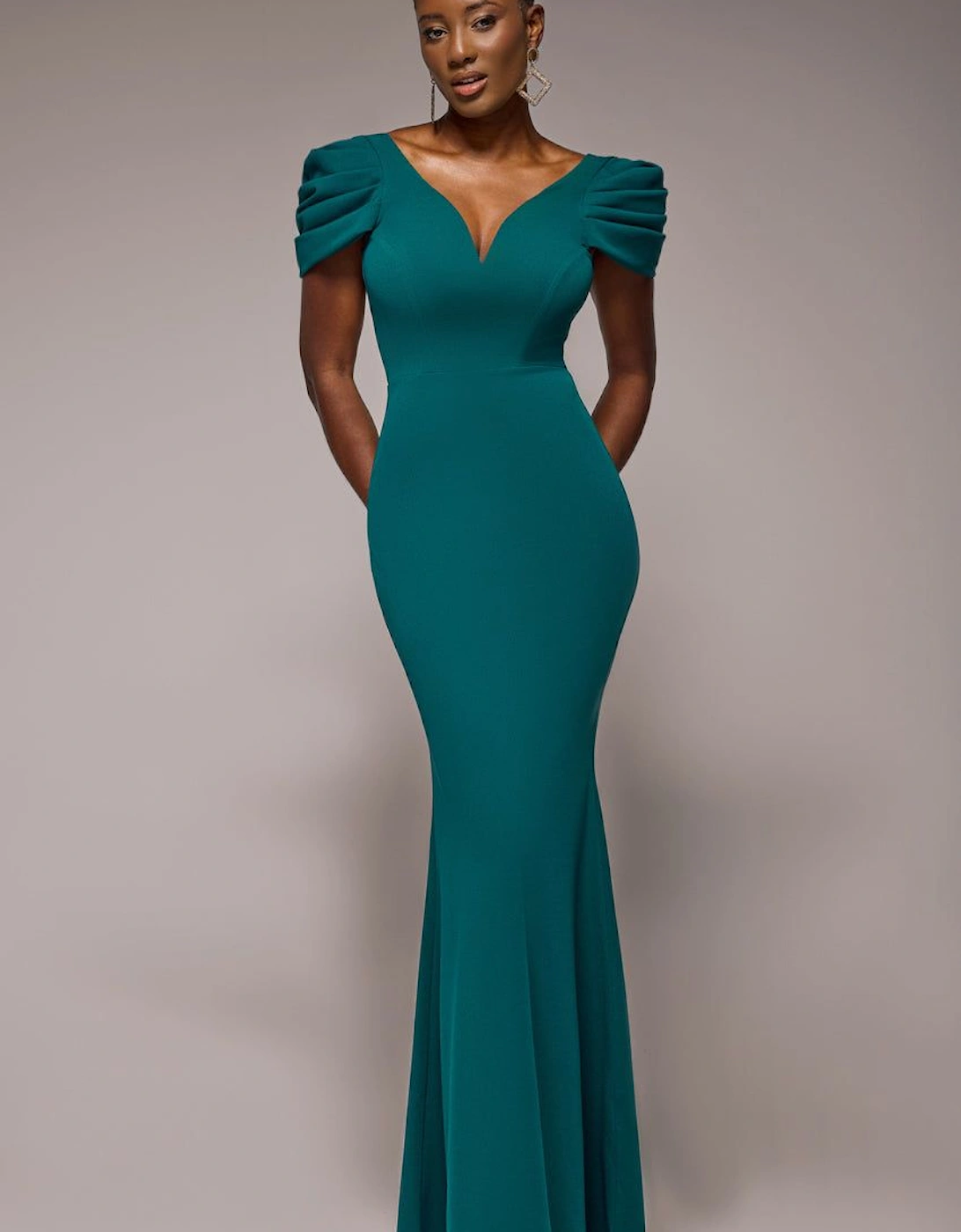 Plunging Neck Pleated Sleeves Scuba Maxi Dress, 2 of 1