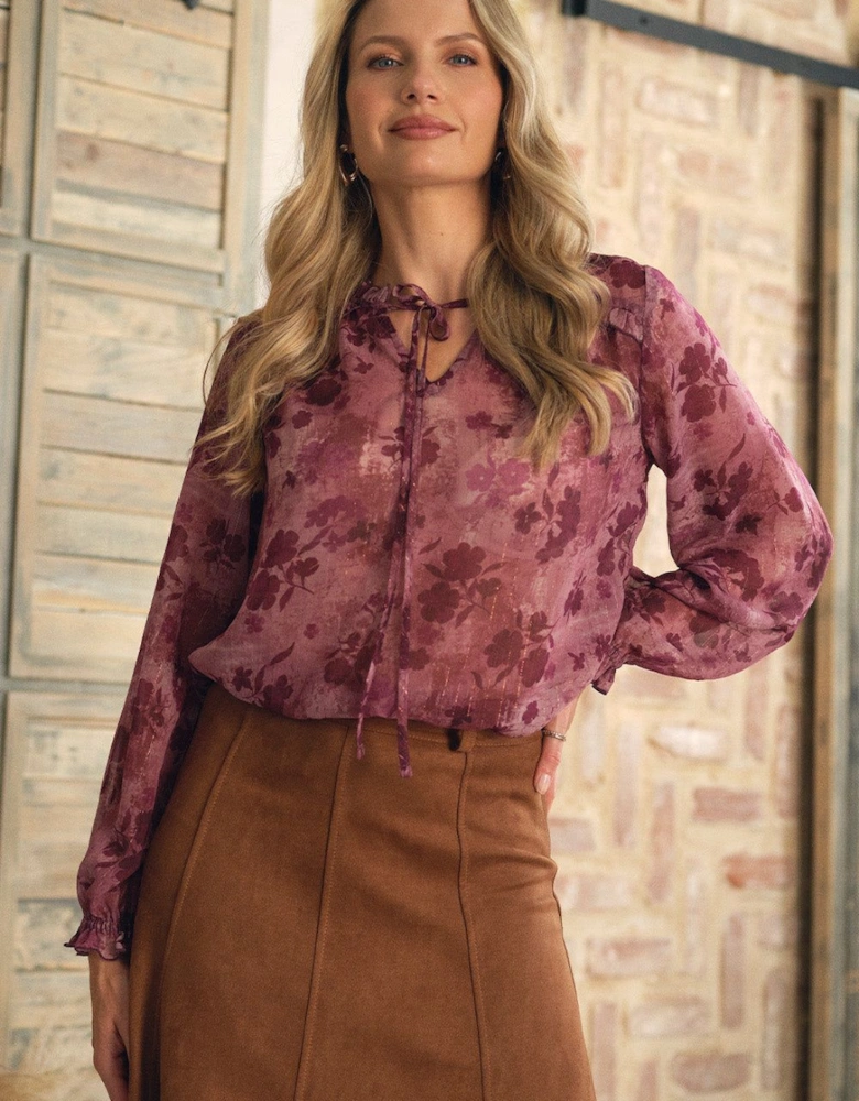 Floral Semi Sheer Tie Neck Blouse