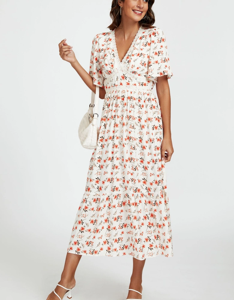 Red Floral Print Lace Detail Angel Sleeve Midi Dress In Cream