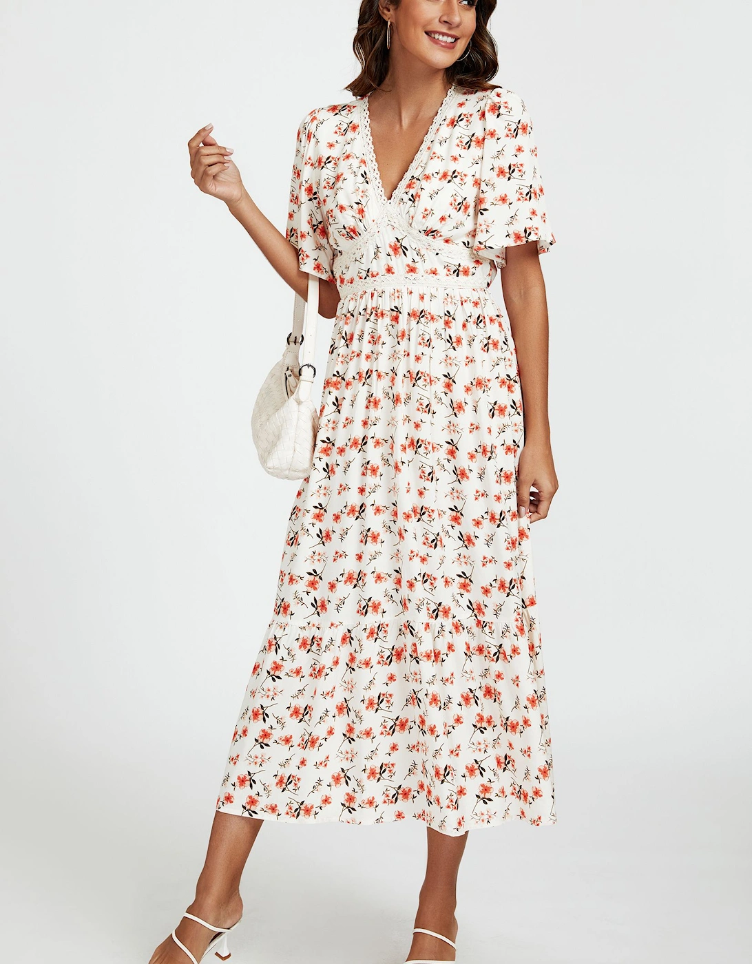 Red Floral Print Lace Detail Angel Sleeve Midi Dress In Cream, 2 of 1