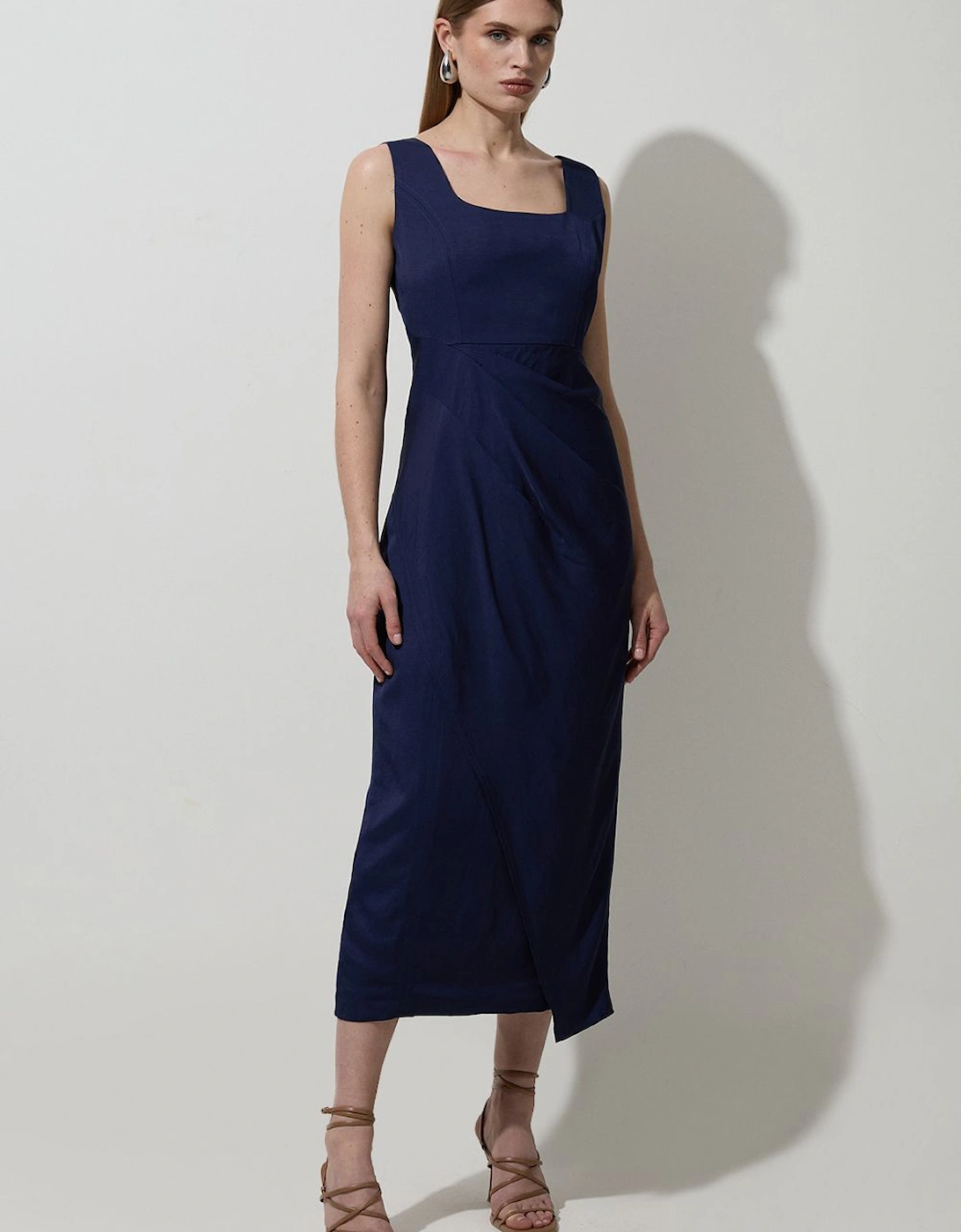 Tailored Viscose Linen Strappy Pleat Detail Midaxi Dress, 2 of 1