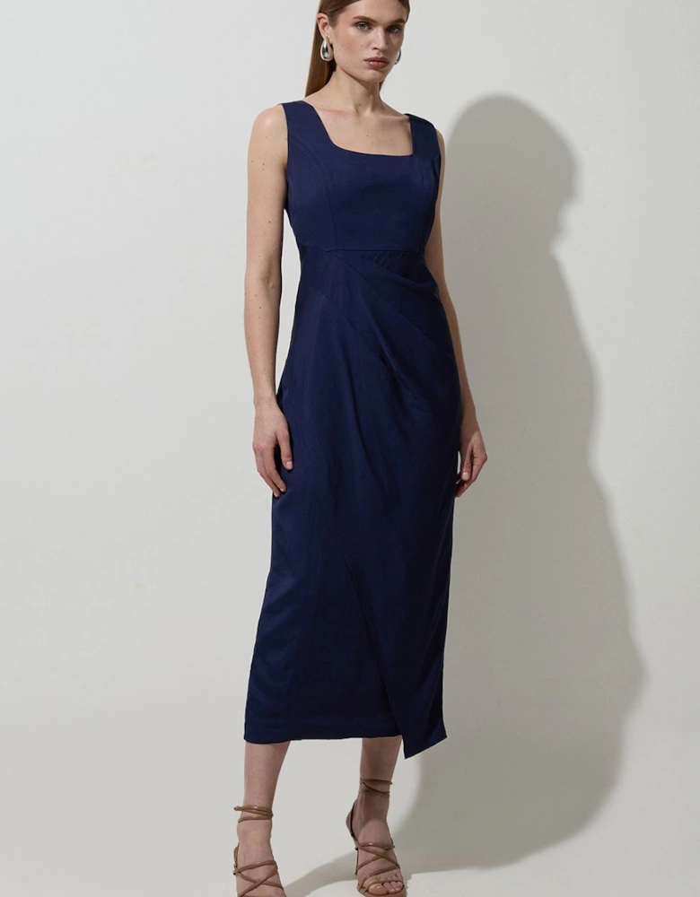 Petite Tailored Viscose Linen Strappy Pleat Detail Midaxi Dress