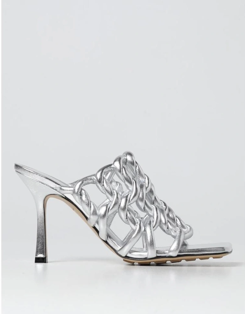 Intrecciato Knot Mules Silver Leather Heels