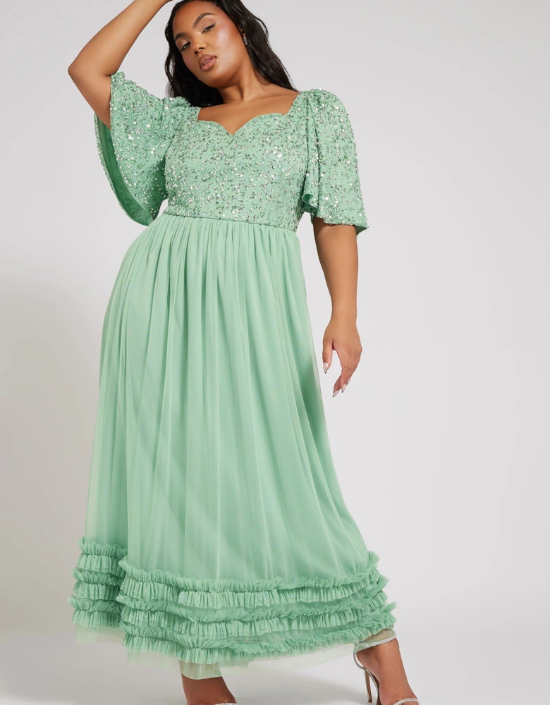 Sequin Sweetheart Ruffle Maxi Dress