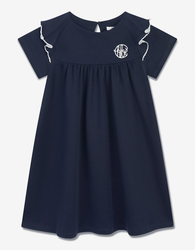 Girls Cotton Ruffle Dress in Navy