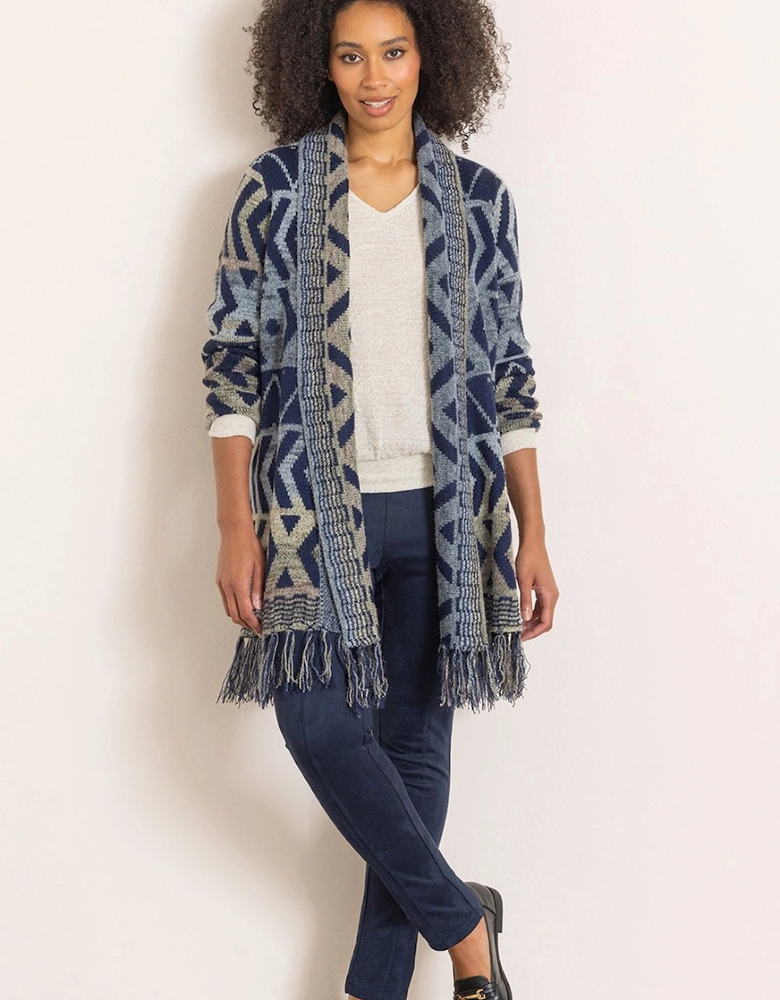 Patterned Open Front Longline Tassel Cardigan, 2 of 1