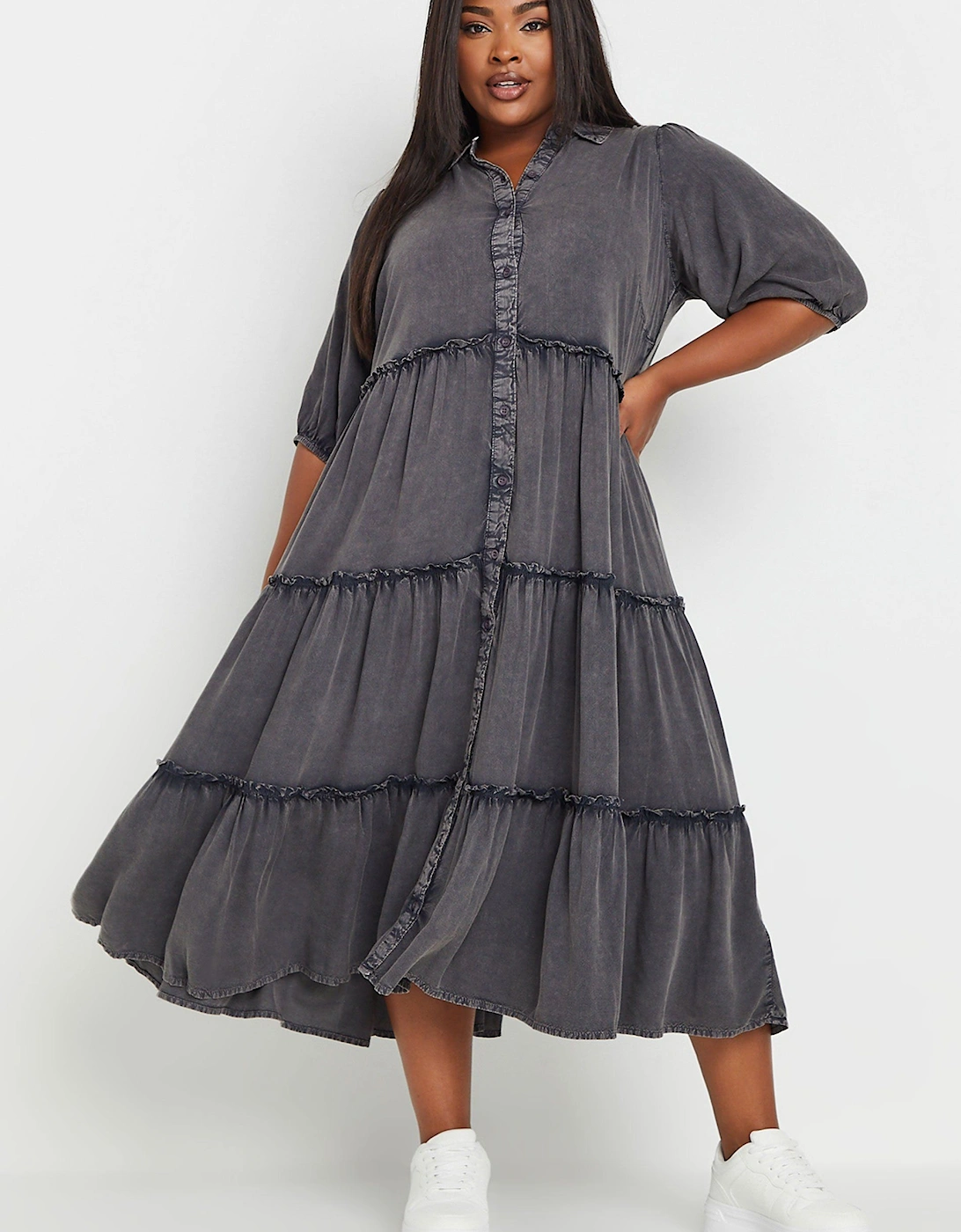 Acid Wash Tiered Shirt Dress, 2 of 1