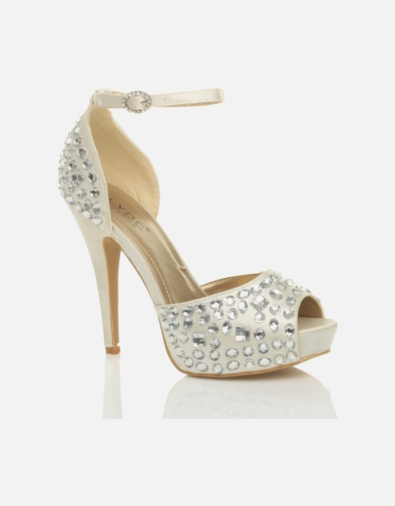 High  Heel Gem Ankle Strap Peep Toe Satin 2 Part Heels
