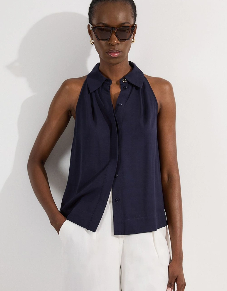 Tall Premium Viscose Linen Halter Collared Woven Sleeveless Shirt