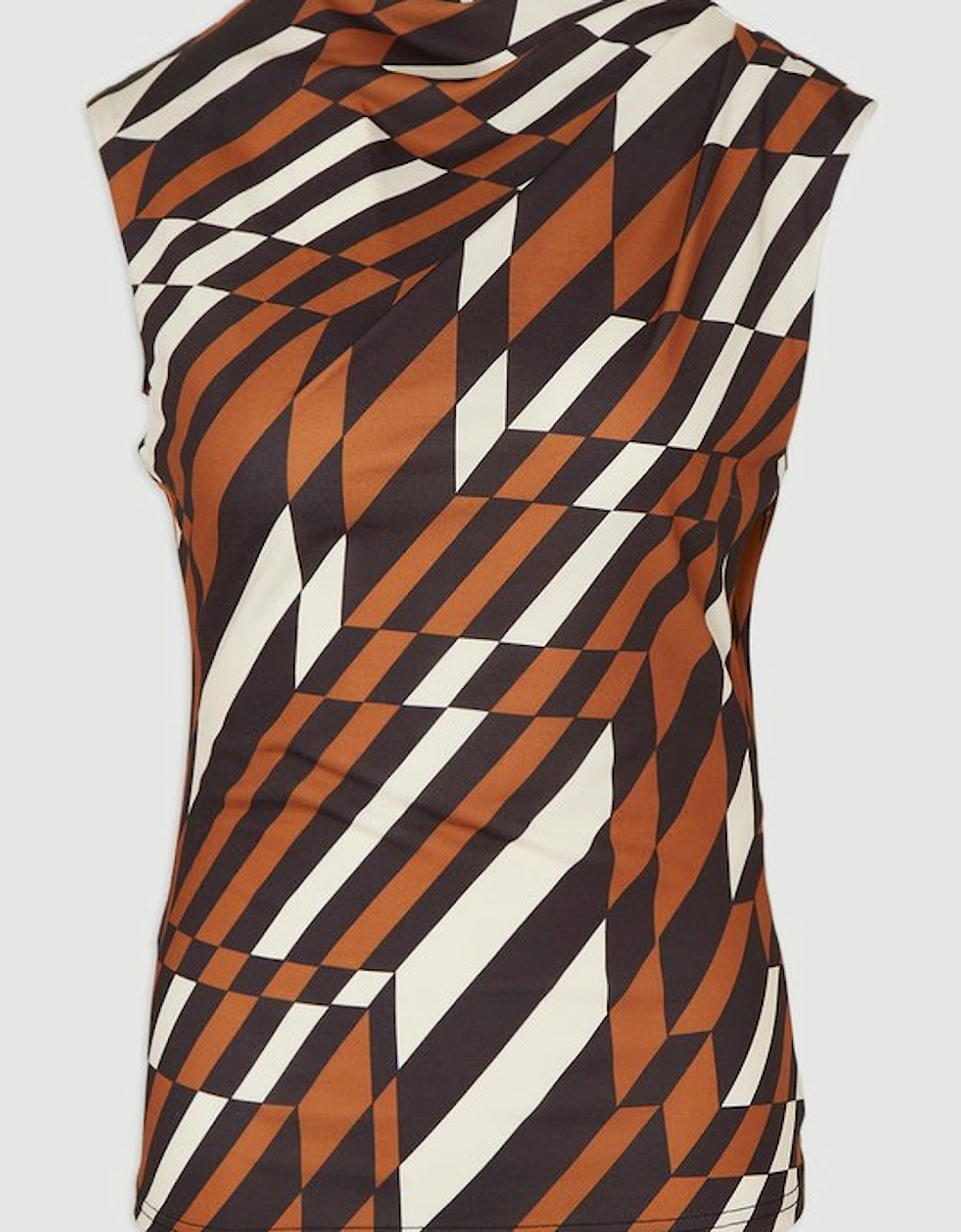 Geo Printed Jersey Crepe Asymmetrical Neck Detail Top