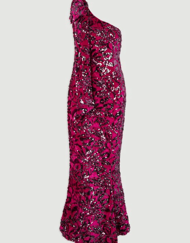 Velvet Sequin One Shoulder Woven Maxi Dress