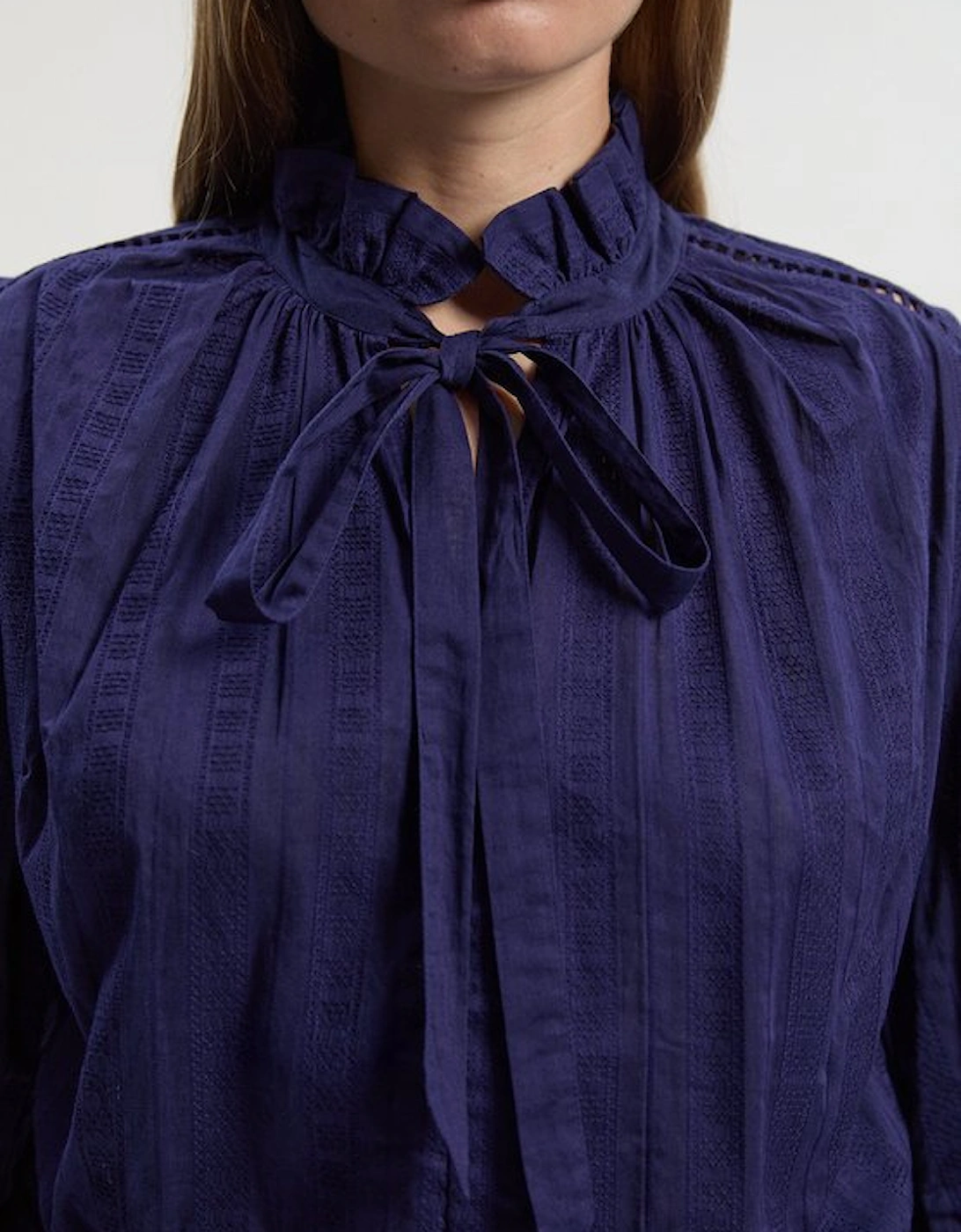 Cotton With Lace Trim Insert High Neck Puff Sleeve Blouse