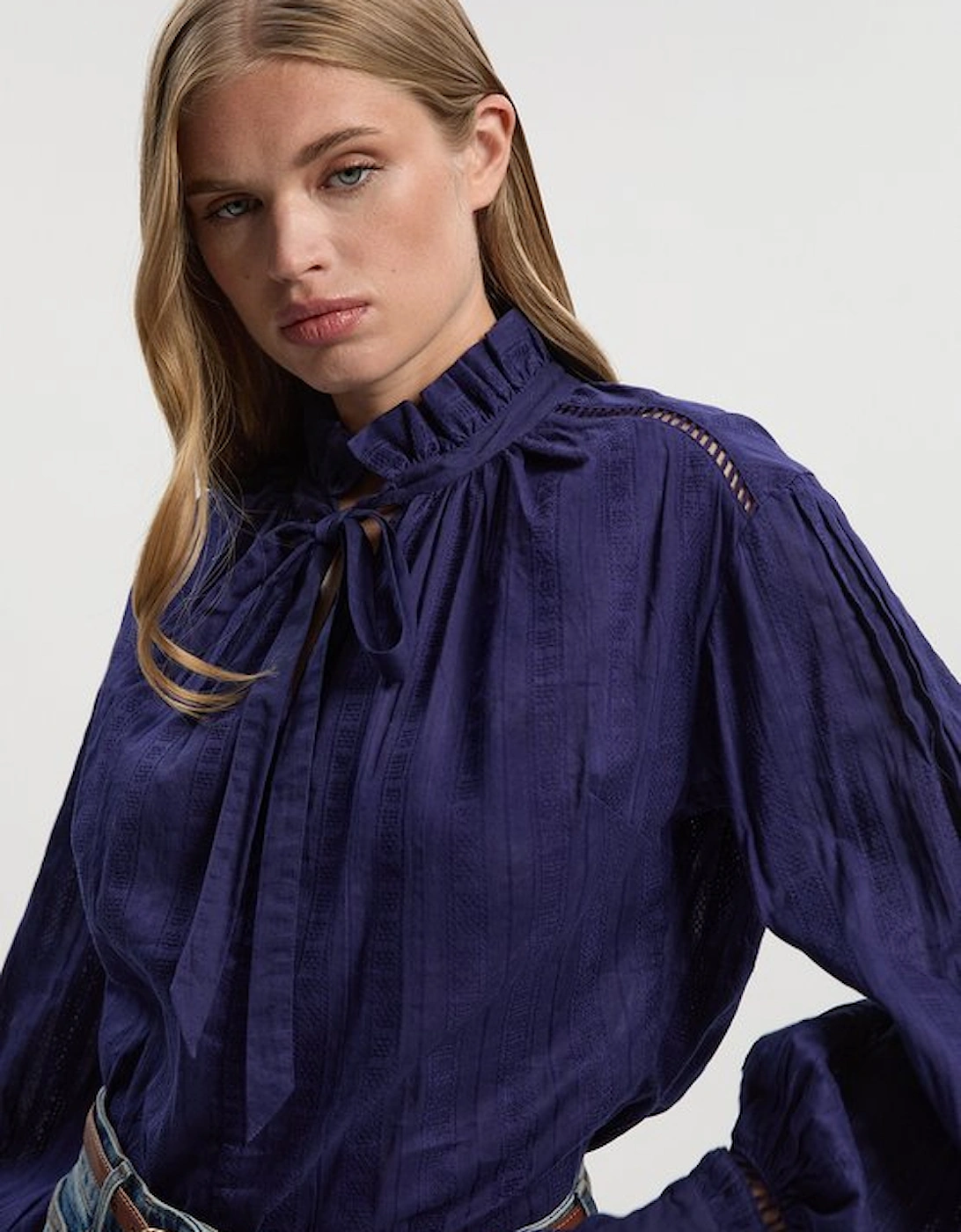Cotton With Lace Trim Insert High Neck Puff Sleeve Blouse