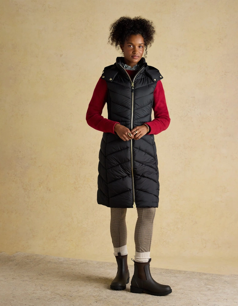 PEMBURY Black Longline Showerproof Padded Gilet with Hood Black