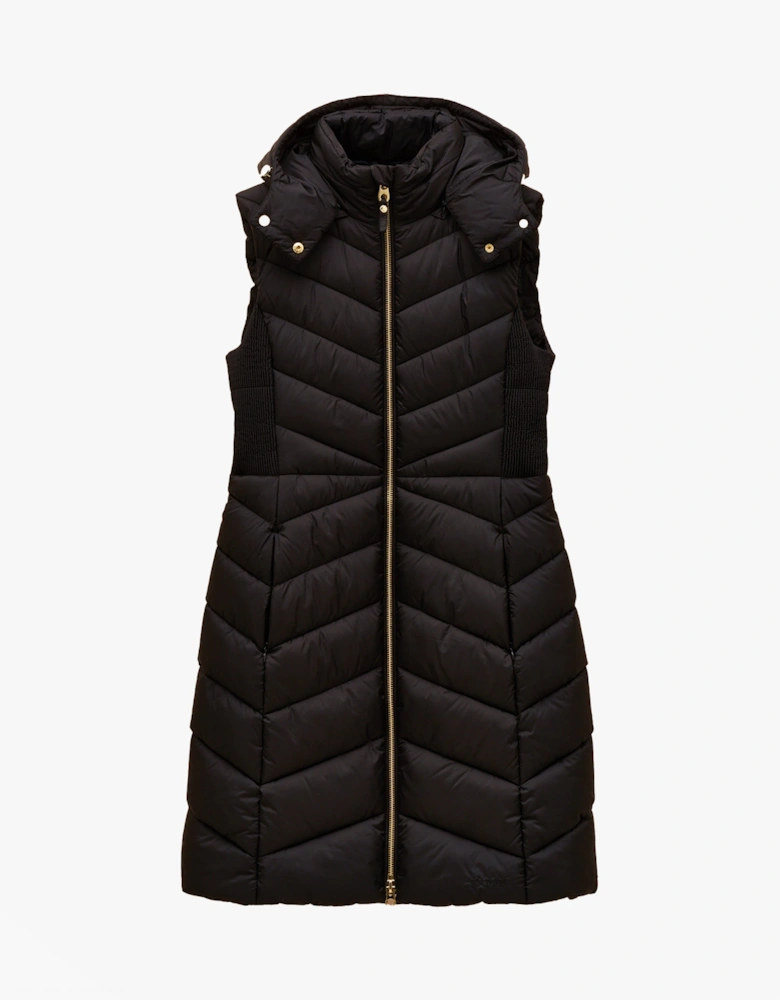 PEMBURY Black Longline Showerproof Padded Gilet with Hood Black