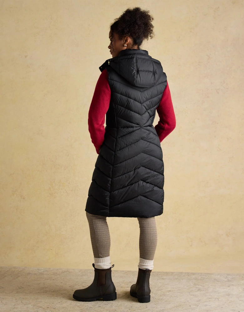 PEMBURY Black Longline Showerproof Padded Gilet with Hood Black