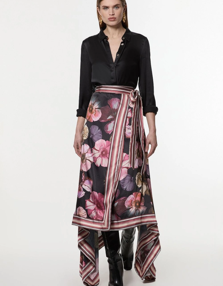 Petite Floral Border Print Woven Wrap Midi Skirt