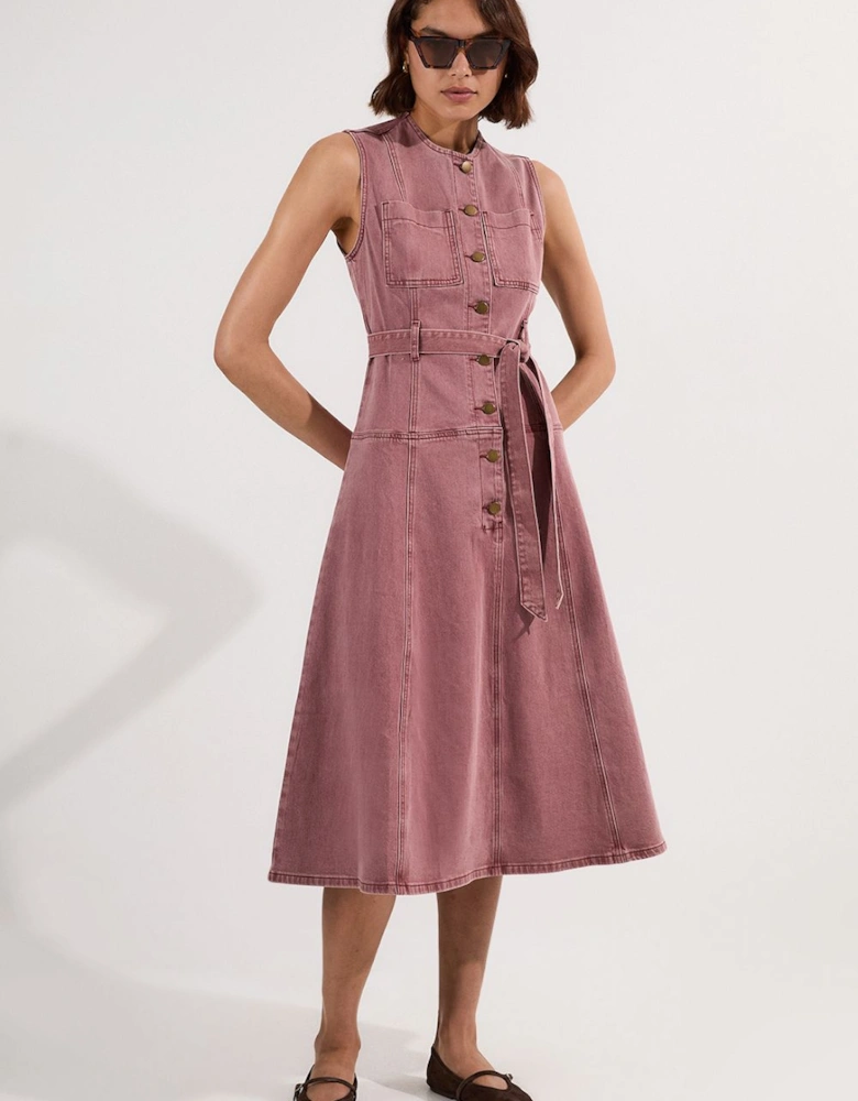 Coloured Denim Belted Midi Dress