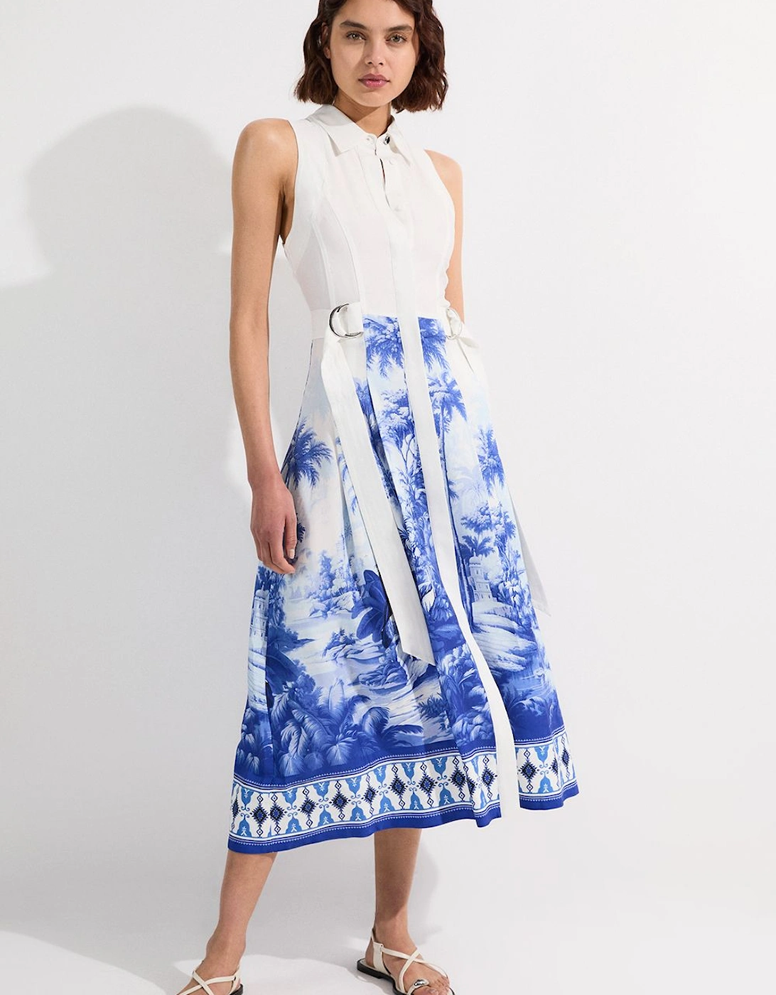 Viscose Linen Scenic Print With Top Stitch Belted Woven Midi Dress, 2 of 1