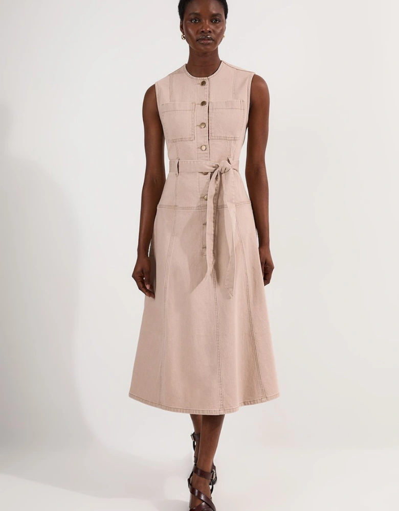 Coloured Denim Belted Midi Dress