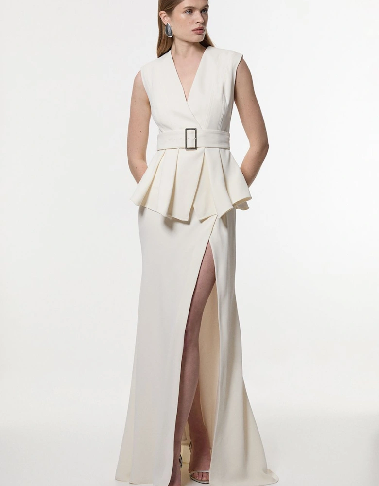 Soft Tailored Belted Peplum Tailored Maxi Dress