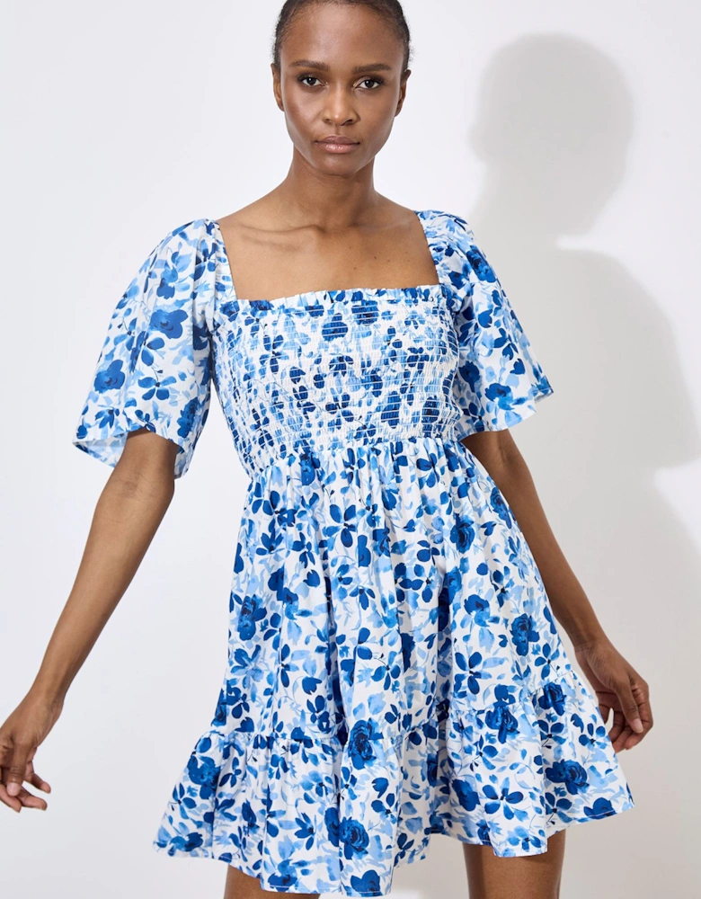 Smocked Cotton Floral Mini Dress